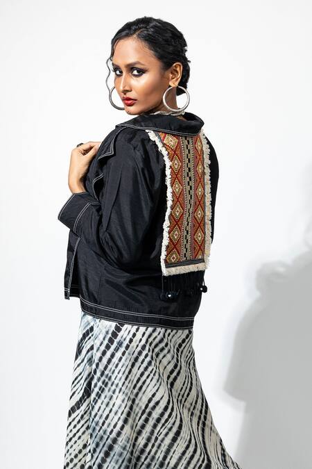 Buy_Anmol Kakad_Black Cotton, Silk Pom-poms, Tassels And White Tie-dye Midi Dress & Jacket Set