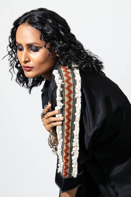 Anmol Kakad_Black Silk Mirrors, Embroidery Collared Tassel Shirt_Online_at_Aza_Fashions