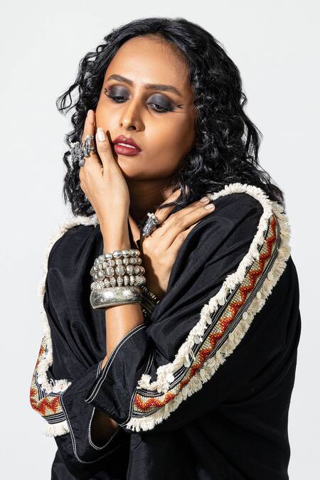 Buy_Anmol Kakad_Black Silk Mirrors, Embroidery Collared Tassel Shirt_Online_at_Aza_Fashions