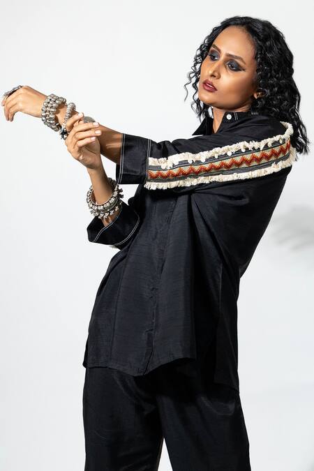 Shop_Anmol Kakad_Black Silk Mirrors, Embroidery Collared Tassel Shirt_Online_at_Aza_Fashions