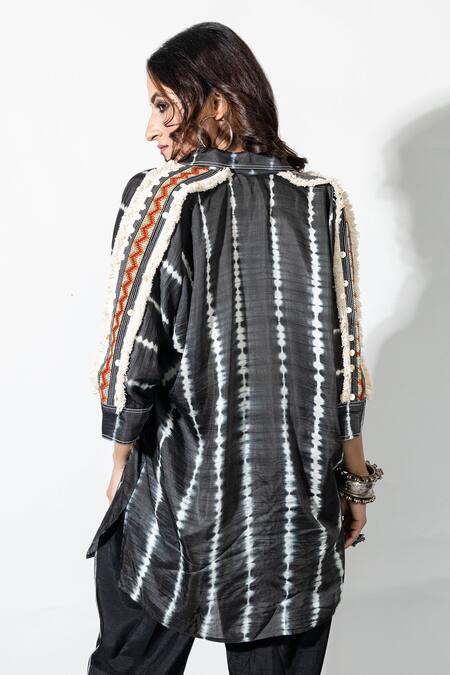 Shop Anmol Kakad Black Cotton, Silk Tassels, Embroidery Collared Tie-dye Mirror Shirt at Aza Fashions Shop_Anmol Kakad_Black Cotton, Silk Tassels, Embroidery Collared Tie-dye Mirror Shirt_at_Aza_Fashions
