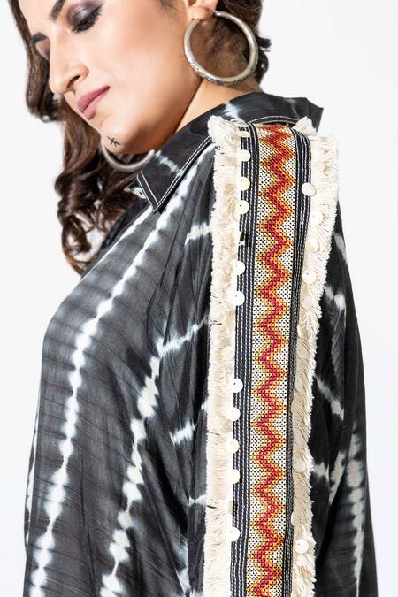 Shop Anmol Kakad Black Cotton, Silk Tassels, Embroidery Collared Tie-dye Mirror Shirt Online at Aza Fashions Shop_Anmol Kakad_Black Cotton, Silk Tassels, Embroidery Collared Tie-dye Mirror Shirt_Online_at_Aza_Fashions