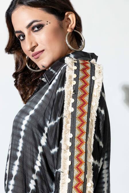 Anmol Kakad Black Cotton, Silk Tassels, Embroidery Collared Tie-dye Mirror Shirt at Aza Fashions Anmol Kakad_Black Cotton, Silk Tassels, Embroidery Collared Tie-dye Mirror Shirt_at_Aza_Fashions