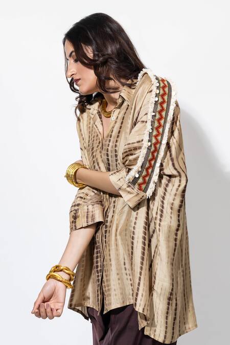 Anmol Kakad_Beige Cotton, Silk Mirrors, Embroidery Collared Cross Stitch Shirt_Online_at_Aza_Fashions