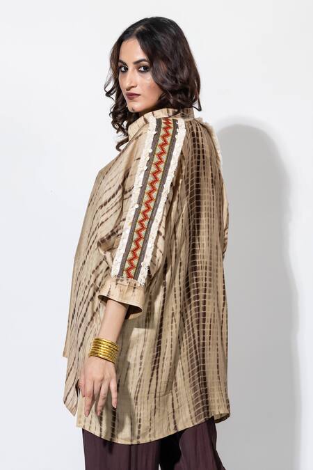 Buy_Anmol Kakad_Beige Cotton, Silk Mirrors, Embroidery Collared Cross Stitch Shirt_Online_at_Aza_Fashions