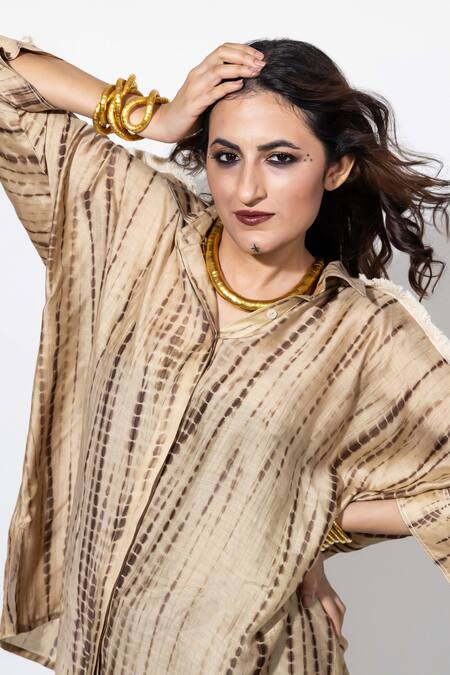 Shop_Anmol Kakad_Beige Cotton, Silk Mirrors, Embroidery Collared Cross Stitch Shirt_Online_at_Aza_Fashions
