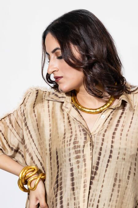 Anmol Kakad_Beige Cotton, Silk Mirrors, Embroidery Collared Cross Stitch Shirt_at_Aza_Fashions