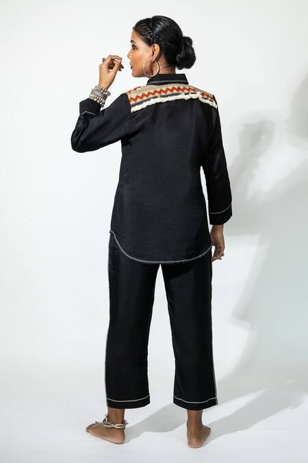 Shop Anmol Kakad Black Silk Mirrors, Embroidery Collared Cross Stitch Yoke Shirt at Aza Fashions Shop_Anmol Kakad_Black Silk Mirrors, Embroidery Collared Cross Stitch Yoke Shirt_at_Aza_Fashions