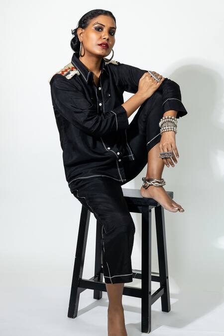 Anmol Kakad Black Silk Mirrors, Embroidery Collared Cross Stitch Yoke Shirt Online at Aza Fashions Anmol Kakad_Black Silk Mirrors, Embroidery Collared Cross Stitch Yoke Shirt_Online_at_Aza_Fashions