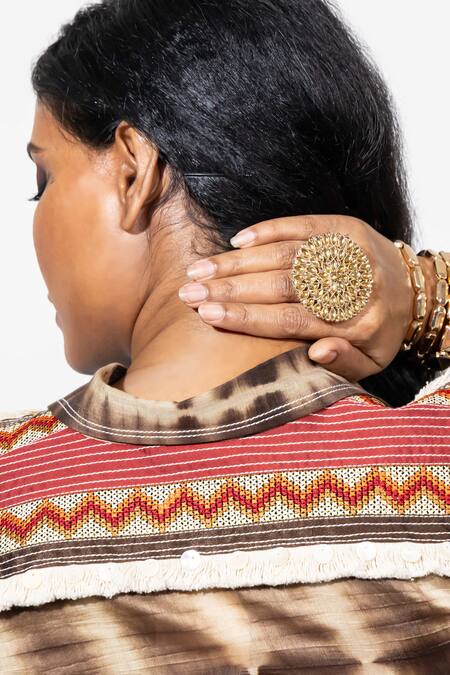 Shop_Anmol Kakad_Beige Silk Mirrors, Embroidery Collared Tie-dye Cross Stitch Yoke Shirt_Online_at_Aza_Fashions