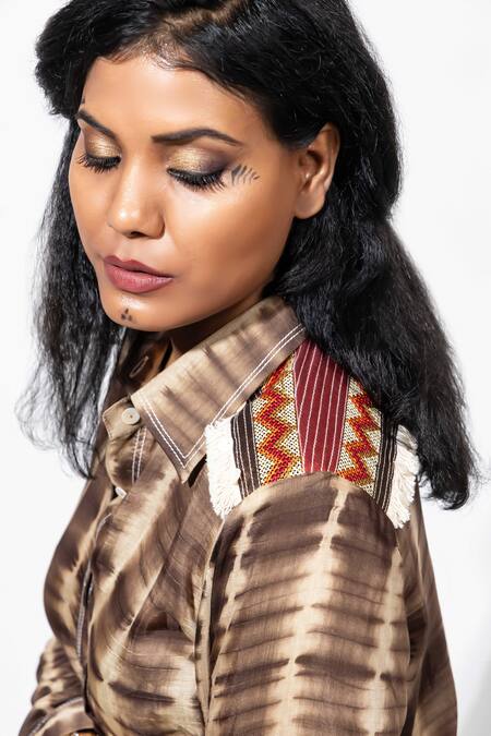Anmol Kakad_Beige Silk Mirrors, Embroidery Collared Tie-dye Cross Stitch Yoke Shirt_at_Aza_Fashions
