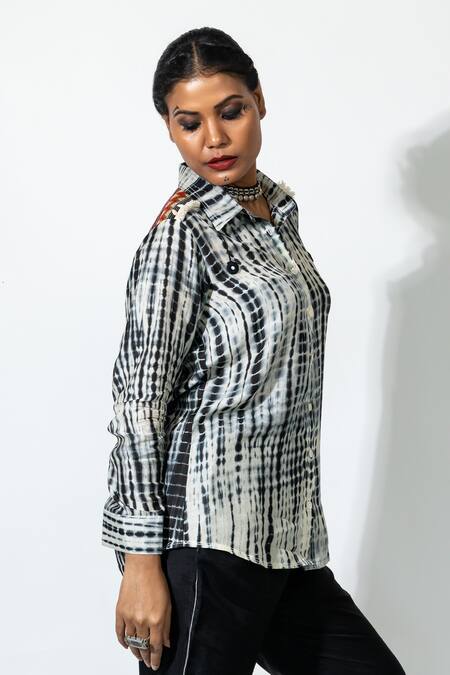 Anmol Kakad Black Silk Mirrors, Embroidery Collared Tie-dye Shirt Online at Aza Fashions Anmol Kakad_Black Silk Mirrors, Embroidery Collared Tie-dye Shirt_Online_at_Aza_Fashions
