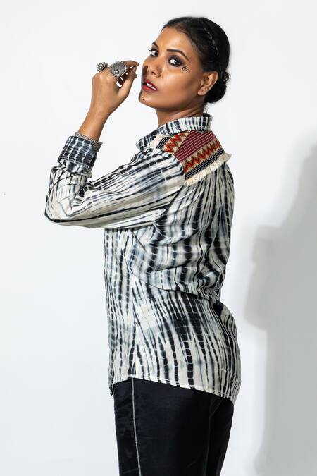 Buy Anmol Kakad Black Silk Mirrors, Embroidery Collared Tie-dye Shirt Online at Aza Fashions Buy_Anmol Kakad_Black Silk Mirrors, Embroidery Collared Tie-dye Shirt_Online_at_Aza_Fashions