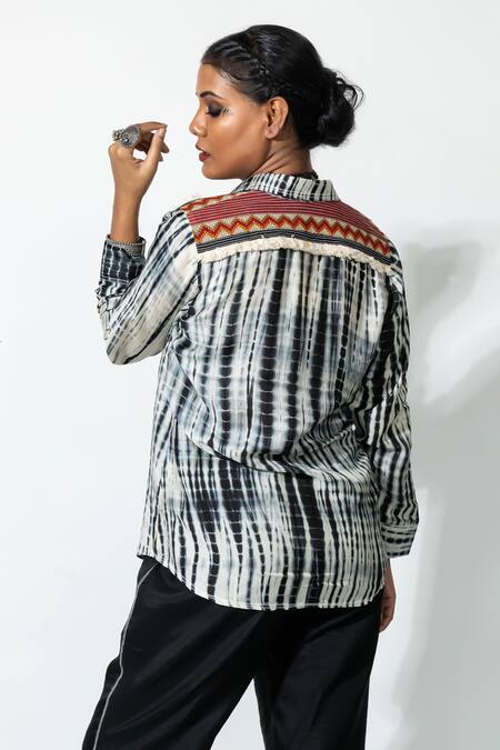 Shop Anmol Kakad Black Silk Mirrors, Embroidery Collared Tie-dye Shirt Online at Aza Fashions Shop_Anmol Kakad_Black Silk Mirrors, Embroidery Collared Tie-dye Shirt_Online_at_Aza_Fashions