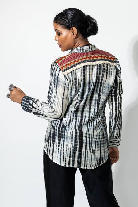 Shop Anmol Kakad Black Silk Mirrors, Embroidery Collared Tie-dye Shirt at Aza Fashions Shop_Anmol Kakad_Black Silk Mirrors, Embroidery Collared Tie-dye Shirt_at_Aza_Fashions