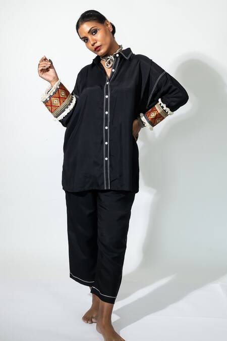 Anmol Kakad Black Silk Embroidery Collared Cuff Shirt Online at Aza Fashions Anmol Kakad_Black Silk Embroidery Collared Cuff Shirt_Online_at_Aza_Fashions