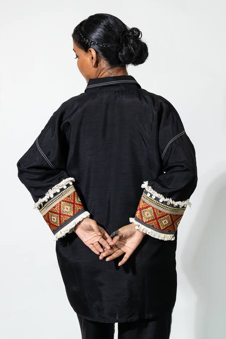 Shop Anmol Kakad Black Silk Embroidery Collared Cuff Shirt at Aza Fashions Shop_Anmol Kakad_Black Silk Embroidery Collared Cuff Shirt_at_Aza_Fashions