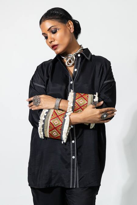 Buy Anmol Kakad Black Silk Embroidery Collared Cuff Shirt Online at Aza Fashions Buy_Anmol Kakad_Black Silk Embroidery Collared Cuff Shirt_Online_at_Aza_Fashions