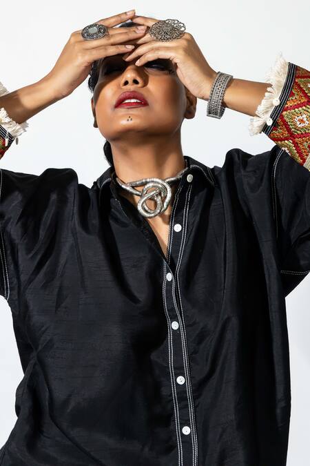 Anmol Kakad Black Silk Embroidery Collared Cuff Shirt at Aza Fashions Anmol Kakad_Black Silk Embroidery Collared Cuff Shirt_at_Aza_Fashions