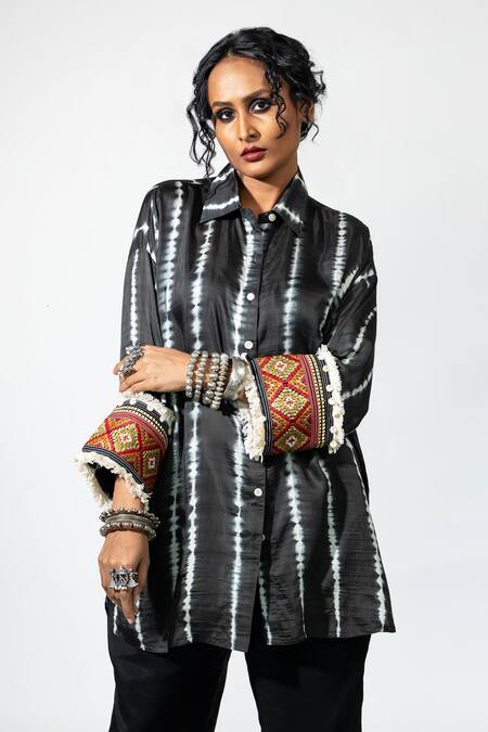 Anmol Kakad Black Cotton, Silk Mirrors, Embroidery Collared Cross Stitch And Tassel Shirt Online at Aza Fashions Anmol Kakad_Black Cotton, Silk Mirrors, Embroidery Collared Cross Stitch And Tassel Shirt_Online_at_Aza_Fashions