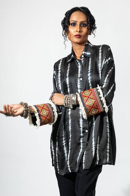 Buy Anmol Kakad Black Cotton, Silk Mirrors, Embroidery Collared Cross Stitch And Tassel Shirt Online at Aza Fashions Buy_Anmol Kakad_Black Cotton, Silk Mirrors, Embroidery Collared Cross Stitch And Tassel Shirt_Online_at_Aza_Fashions