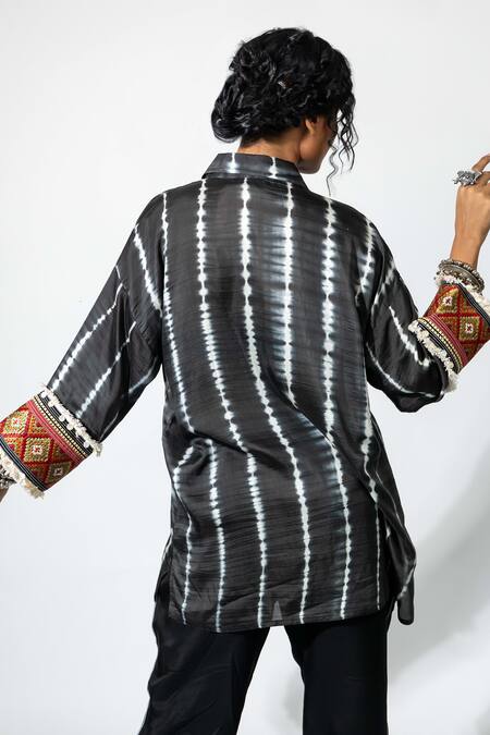 Shop Anmol Kakad Black Cotton, Silk Mirrors, Embroidery Collared Cross Stitch And Tassel Shirt at Aza Fashions Shop_Anmol Kakad_Black Cotton, Silk Mirrors, Embroidery Collared Cross Stitch And Tassel Shirt_at_Aza_Fashions