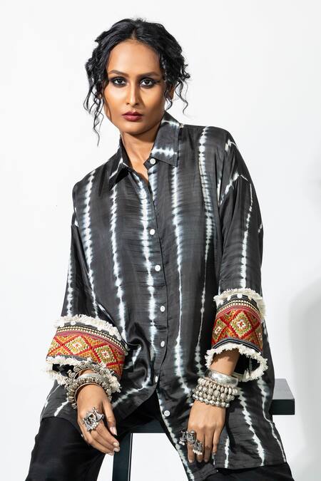 Shop Anmol Kakad Black Cotton, Silk Mirrors, Embroidery Collared Cross Stitch And Tassel Shirt Online at Aza Fashions Shop_Anmol Kakad_Black Cotton, Silk Mirrors, Embroidery Collared Cross Stitch And Tassel Shirt_Online_at_Aza_Fashions