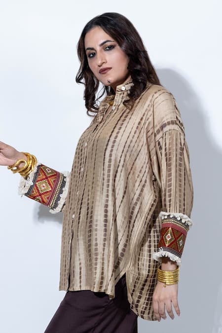 Anmol Kakad_Beige Cotton, Silk Tassels Collared Tie-dye Embroidered Cuff Shirt_Online_at_Aza_Fashions