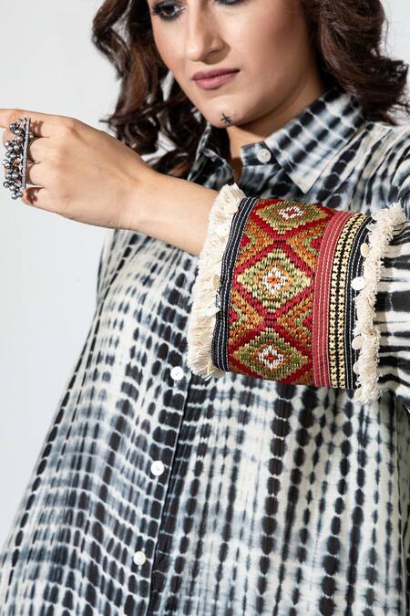Buy Anmol Kakad Black Cotton, Silk Mirrors, Embroidery Collared And White Tie-dye Shirt Online at Aza Fashions Buy_Anmol Kakad_Black Cotton, Silk Mirrors, Embroidery Collared And White Tie-dye Shirt_Online_at_Aza_Fashions