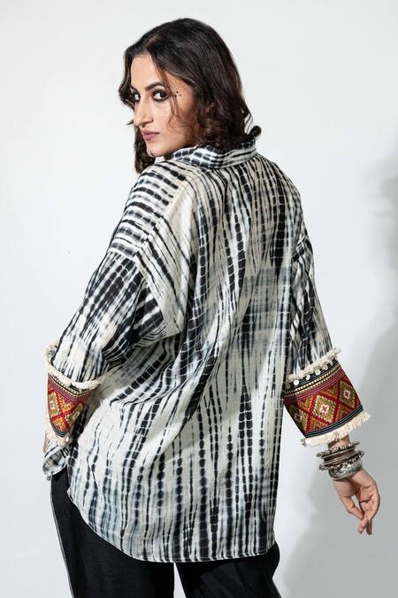 Shop Anmol Kakad Black Cotton, Silk Mirrors, Embroidery Collared And White Tie-dye Shirt at Aza Fashions Shop_Anmol Kakad_Black Cotton, Silk Mirrors, Embroidery Collared And White Tie-dye Shirt_at_Aza_Fashions