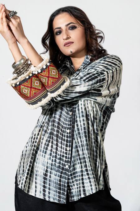 Buy Anmol Kakad Black Cotton, Silk Mirrors, Embroidery Collared And White Tie-dye Shirt Buy_Anmol Kakad_Black Cotton, Silk Mirrors, Embroidery Collared And White Tie-dye Shirt