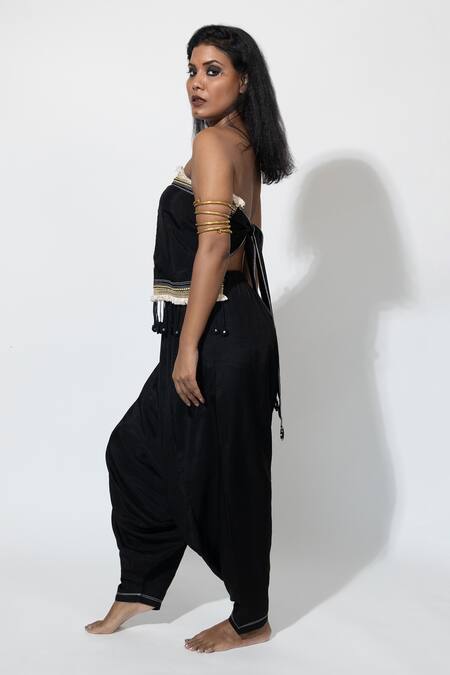 Anmol Kakad_Black Silk Mirrors, Embroidery, Tassels Off-shoulder Bustier And Turkish Pant Set_Online_at_Aza_Fashions