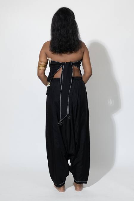Buy_Anmol Kakad_Black Silk Mirrors, Embroidery, Tassels Off-shoulder Bustier And Turkish Pant Set_Online_at_Aza_Fashions