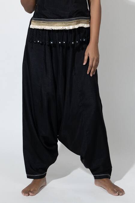 Shop_Anmol Kakad_Black Silk Mirrors, Embroidery, Tassels Off-shoulder Bustier And Turkish Pant Set_Online_at_Aza_Fashions