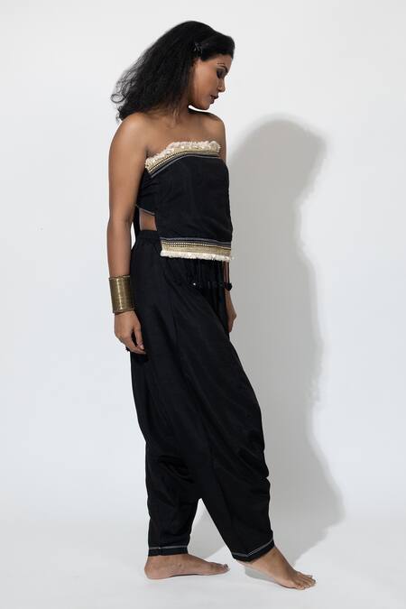 Anmol Kakad_Black Silk Mirrors, Embroidery, Tassels Off-shoulder Bustier And Turkish Pant Set_at_Aza_Fashions