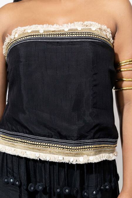 Buy_Anmol Kakad_Black Silk Mirrors, Embroidery, Tassels Off-shoulder Bustier And Turkish Pant Set