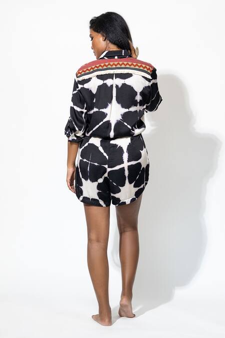 Shop_Anmol Kakad_Black Cotton, Silk Mirrors, Embroidery Collared Tie-dye Pattern Romper_at_Aza_Fashions