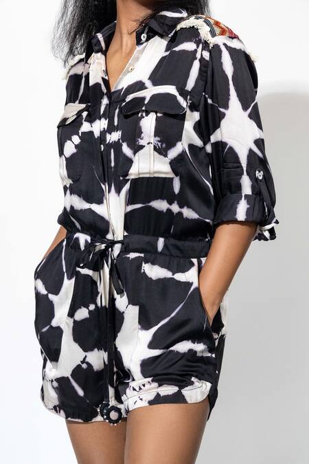 Anmol Kakad_Black Cotton, Silk Mirrors, Embroidery Collared Tie-dye Pattern Romper_at_Aza_Fashions