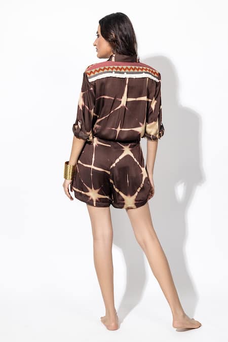 Shop_Anmol Kakad_Beige Cotton, Silk Tassels Collared Embroidered Tie-dye Romper_at_Aza_Fashions