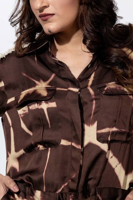 Shop_Anmol Kakad_Beige Cotton, Silk Tassels Collared Embroidered Tie-dye Romper_Online_at_Aza_Fashions