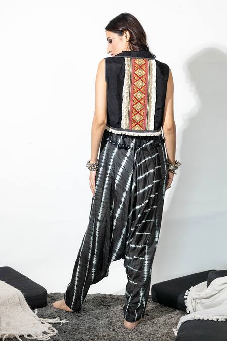 Shop Anmol Kakad Black Cotton, Silk Fringe, Mirrors Open Embroidered Tie-dye Jumpsuit And Jacket Online at Aza Fashions Shop_Anmol Kakad_Black Cotton, Silk Fringe, Mirrors Open Embroidered Tie-dye Jumpsuit And Jacket_Online_at_Aza_Fashions