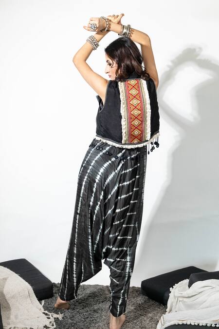 Shop Anmol Kakad Black Cotton, Silk Fringe, Mirrors Open Embroidered Tie-dye Jumpsuit And Jacket at Aza Fashions Shop_Anmol Kakad_Black Cotton, Silk Fringe, Mirrors Open Embroidered Tie-dye Jumpsuit And Jacket_at_Aza_Fashions