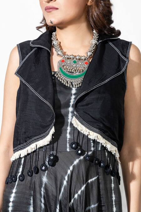 Anmol Kakad Black Cotton, Silk Fringe, Mirrors Open Embroidered Tie-dye Jumpsuit And Jacket at Aza Fashions Anmol Kakad_Black Cotton, Silk Fringe, Mirrors Open Embroidered Tie-dye Jumpsuit And Jacket_at_Aza_Fashions