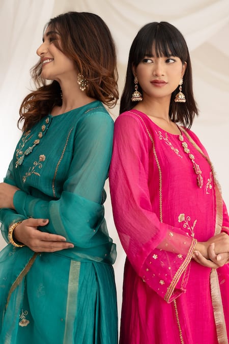 Shop Anushka Repswal - Sewing Love Green Chanderi, Cotton, Organza Zari, Lace Round Zardozi Embroidered Kurta Set Shop_Anushka Repswal - Sewing Love_Green Chanderi, Cotton, Organza Zari, Lace Round Zardozi Embroidered Kurta Set