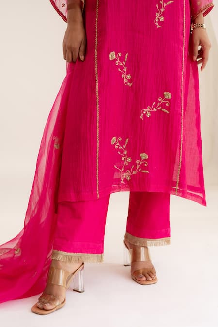 Anushka Repswal - Sewing Love_Pink Chanderi, Cotton, Organza Zari, Lace Zardozi Embroidered Kurta Pant Set _Online_at_Aza_Fashions