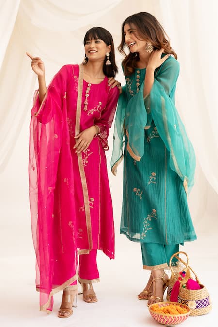 Buy_Anushka Repswal - Sewing Love_Pink Chanderi, Cotton, Organza Zari, Lace Zardozi Embroidered Kurta Pant Set _Online_at_Aza_Fashions