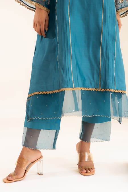 Anushka Repswal - Sewing Love Blue Chanderi, Cotton, Organza Lace, Zardozi Embroidered Pintucks Kurta Set Online at Aza Fashions Anushka Repswal - Sewing Love_Blue Chanderi, Cotton, Organza Lace, Zardozi Embroidered Pintucks Kurta Set _Online_at_Aza_Fashions