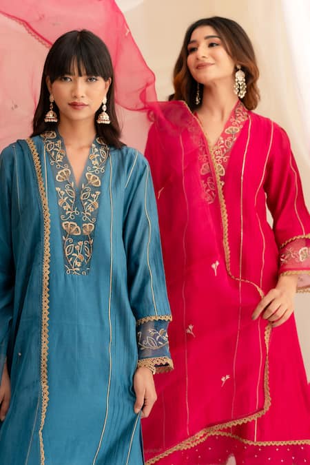 Buy Anushka Repswal - Sewing Love Blue Chanderi, Cotton, Organza Lace, Zardozi Embroidered Pintucks Kurta Set Online at Aza Fashions Buy_Anushka Repswal - Sewing Love_Blue Chanderi, Cotton, Organza Lace, Zardozi Embroidered Pintucks Kurta Set _Online_at_Aza_Fashions