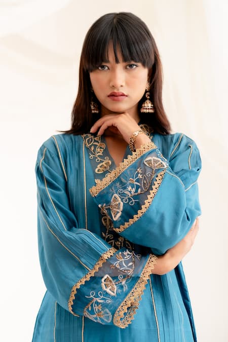 Shop Anushka Repswal - Sewing Love Blue Chanderi, Cotton, Organza Lace, Zardozi Embroidered Pintucks Kurta Set Online at Aza Fashions Shop_Anushka Repswal - Sewing Love_Blue Chanderi, Cotton, Organza Lace, Zardozi Embroidered Pintucks Kurta Set _Online_at_Aza_Fashions