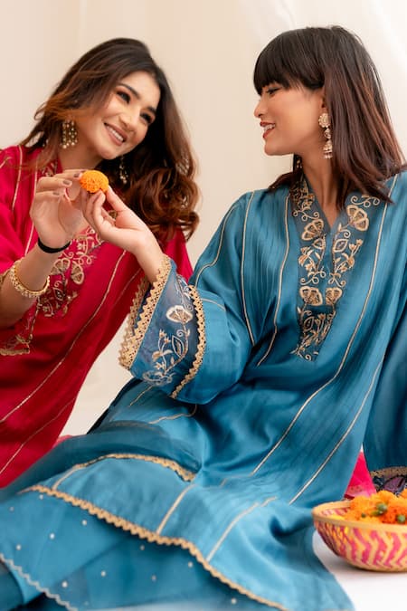 Anushka Repswal - Sewing Love Blue Chanderi, Cotton, Organza Lace, Zardozi Embroidered Pintucks Kurta Set at Aza Fashions Anushka Repswal - Sewing Love_Blue Chanderi, Cotton, Organza Lace, Zardozi Embroidered Pintucks Kurta Set _at_Aza_Fashions